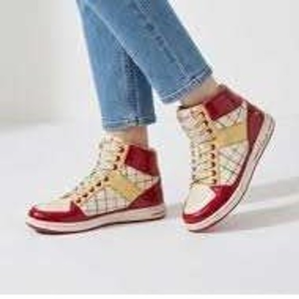 Coach Norra High Top Sneakers Red Yellow Plaid Patent Leather Womens 8.5M A1432